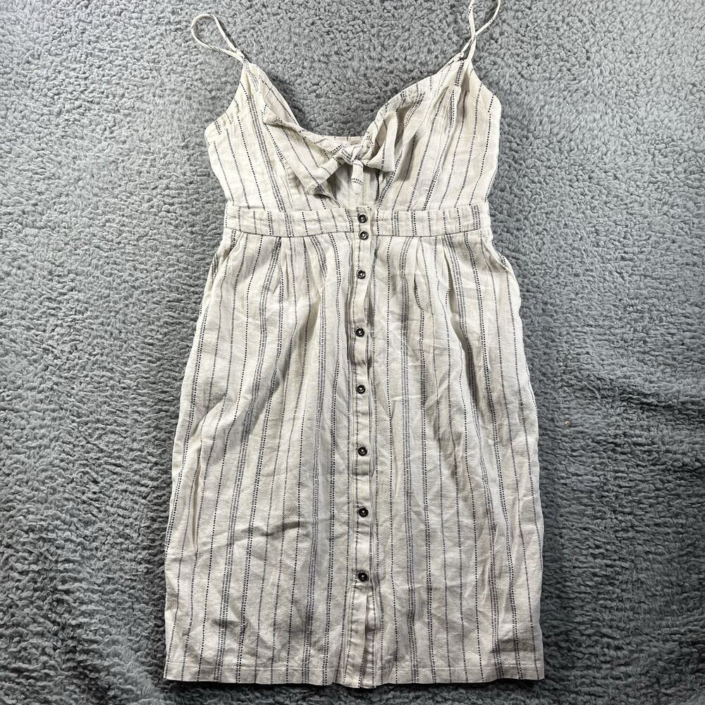 ASTR The Label Tie Front Button Down Midi Dress Cream Stripe Linen Blend Size S